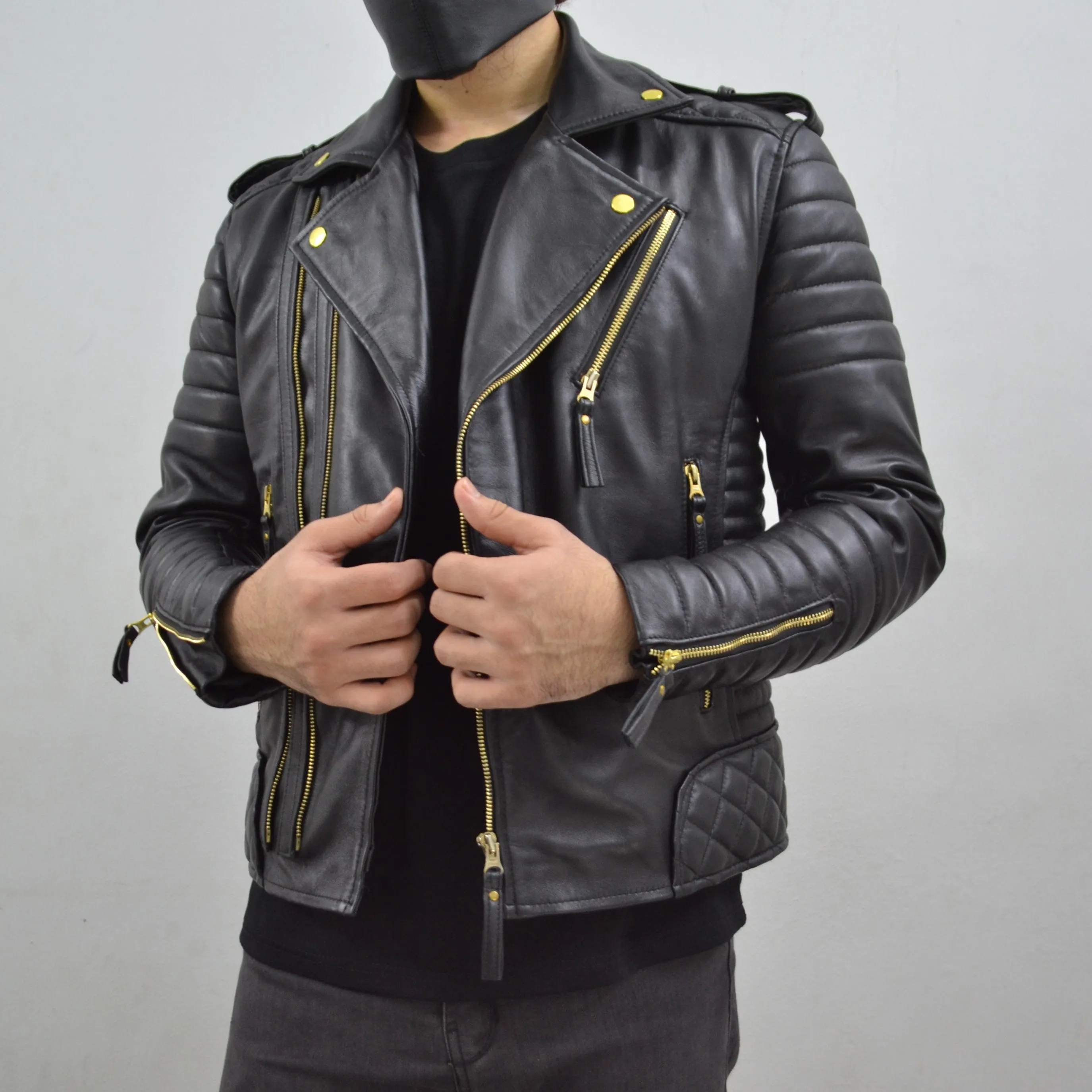 Men's Brando Black Golden Hardware Quilted Padded Genuine Leather Biker Jacket