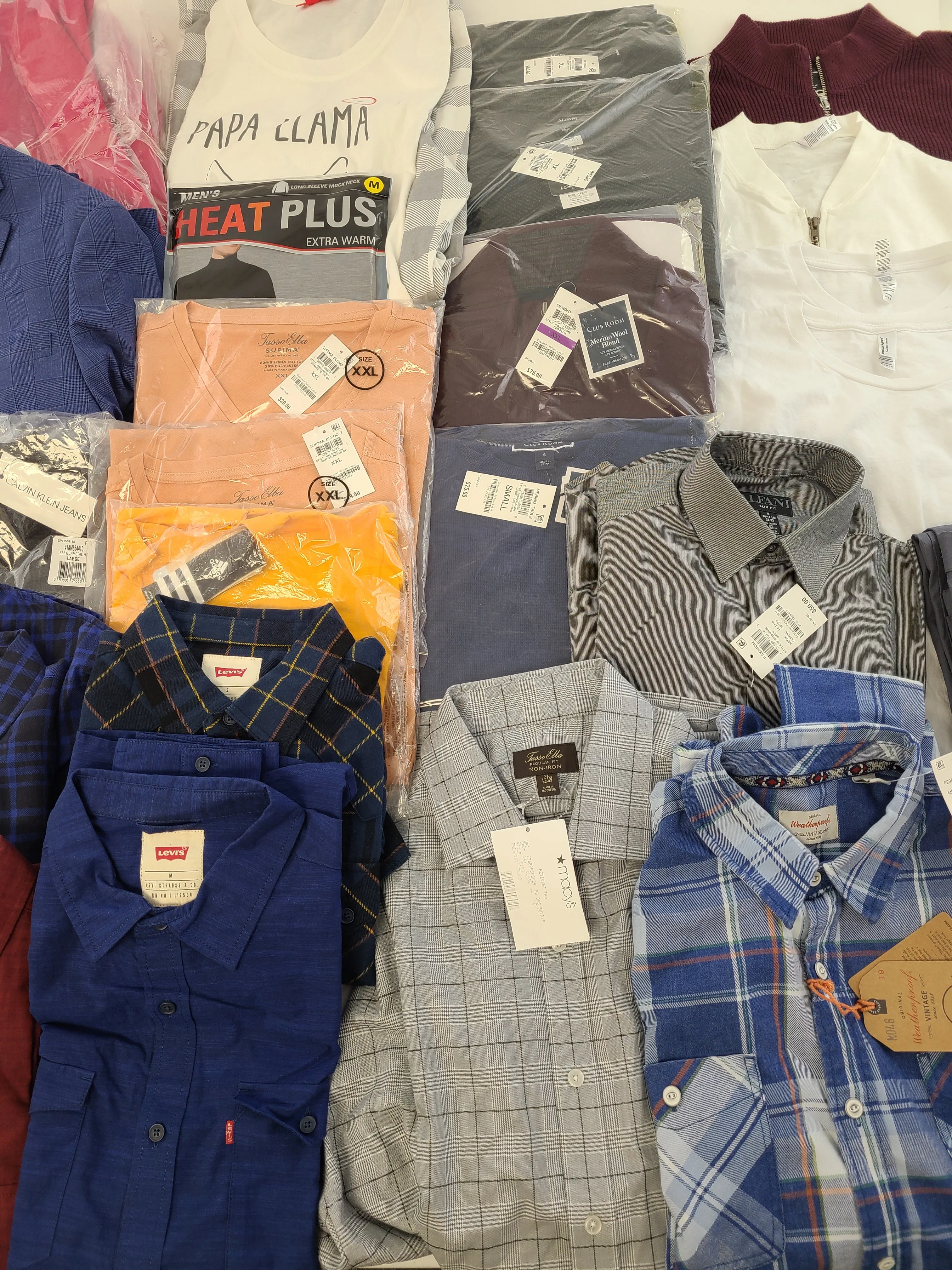 Men's Clothing Wholesale Lot Calvin Klein, Levi's, Adidas, Weatherproof Vintage, Tasso Elba, American Apparel, Club Room, INC and more, 25 Units, Shelf Pulls, MSRP $1,706.48