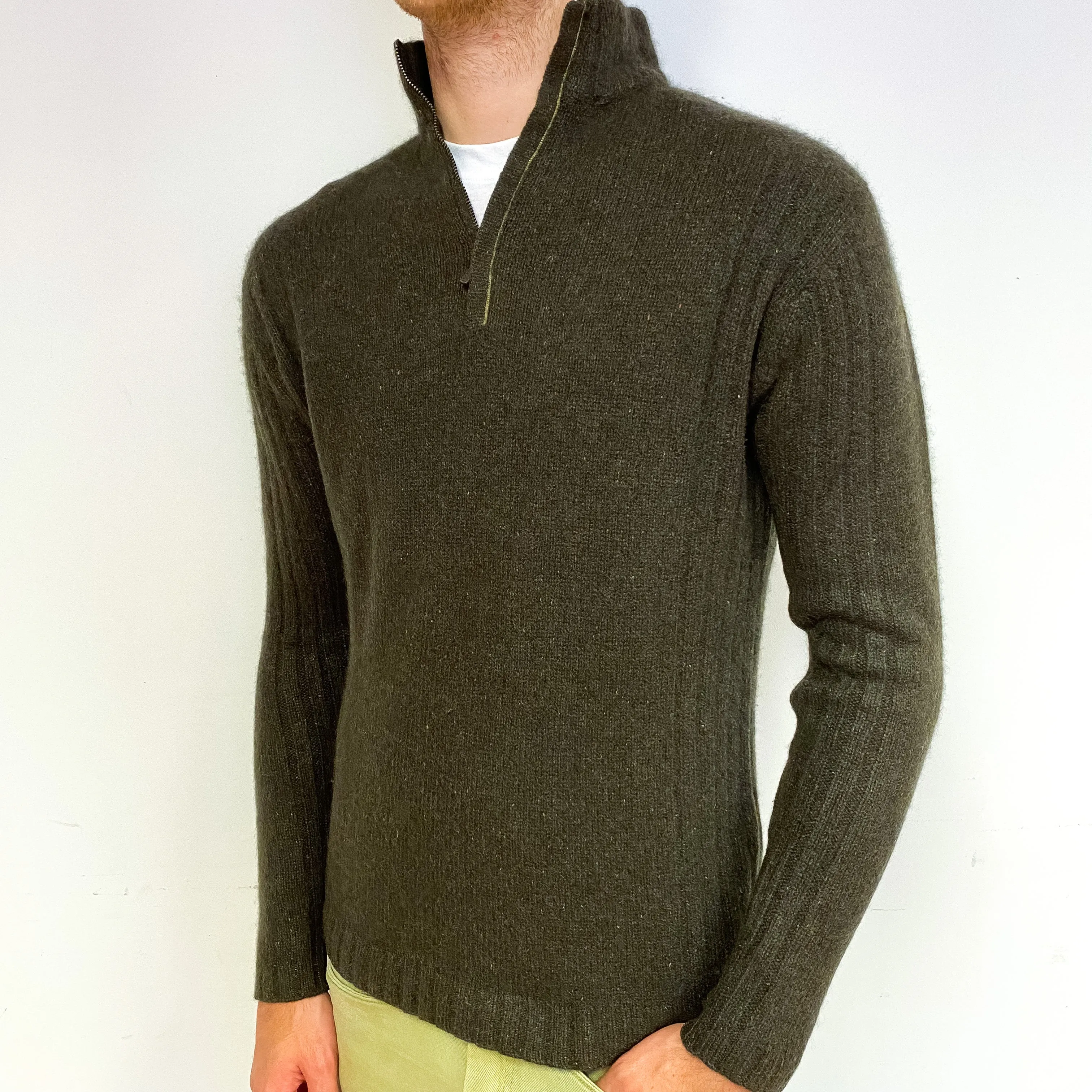 Men's Khaki Brown Chunky Cashmere 1/4 Zip Jumper Medium
