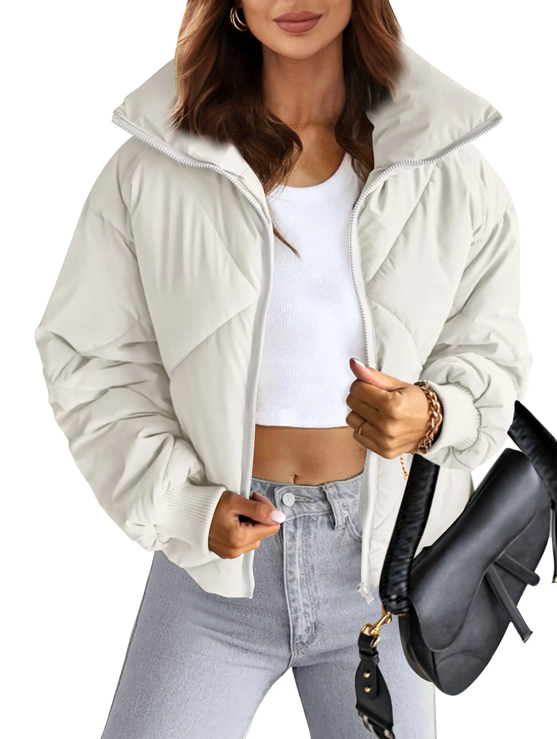 MEROKEETY Long Sleeve Zipper Quilted Short Down Coat