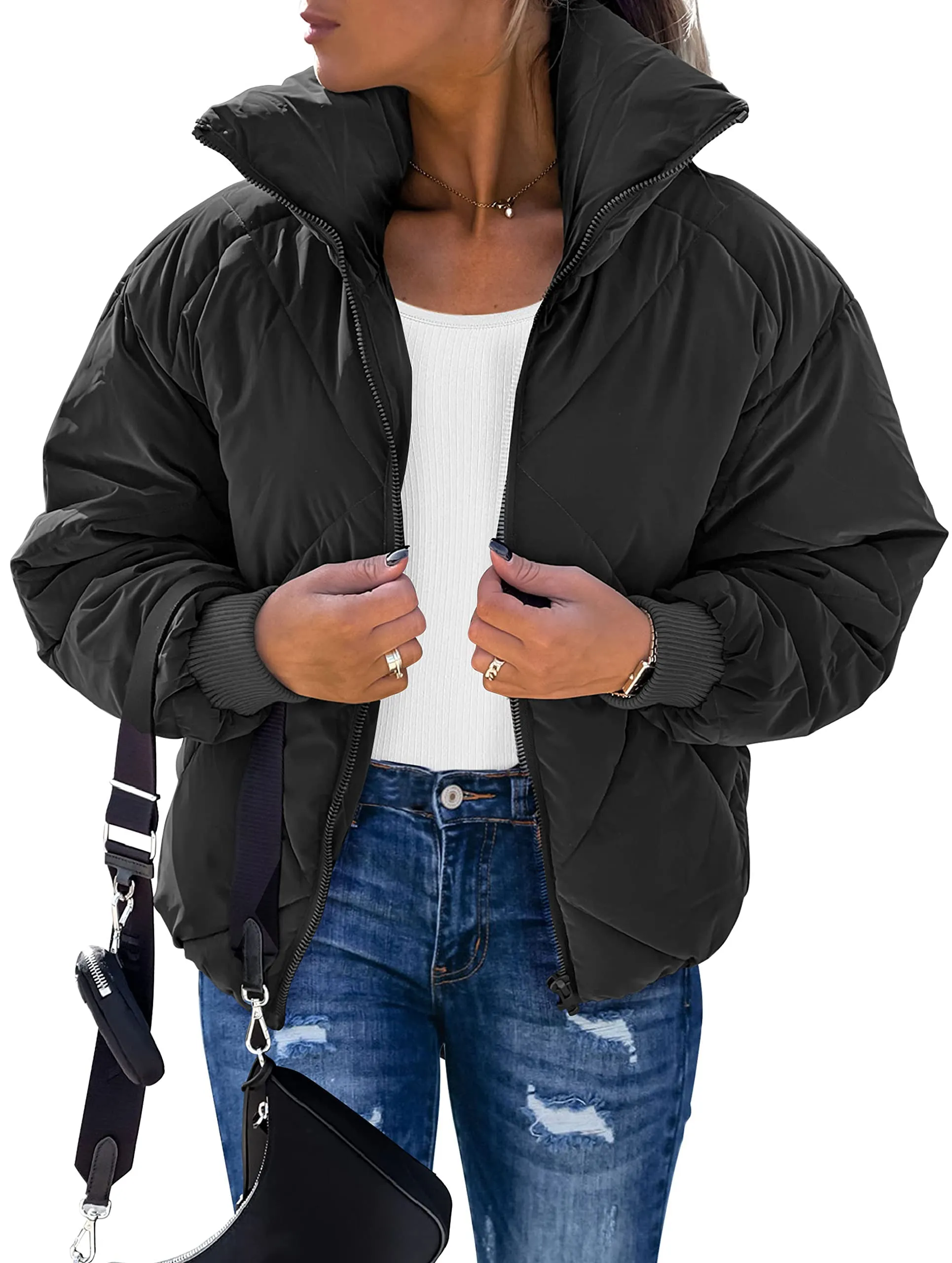 MEROKEETY Long Sleeve Zipper Quilted Short Down Coat