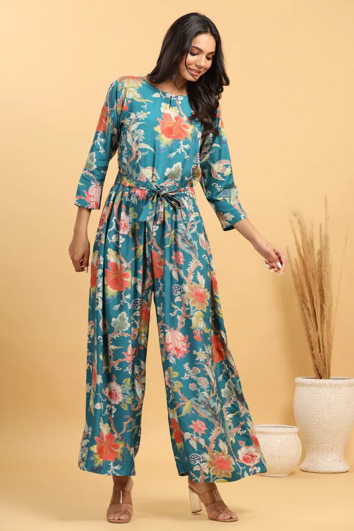 Multicolored Jaal on Russian Silk Teal Jumpsuit