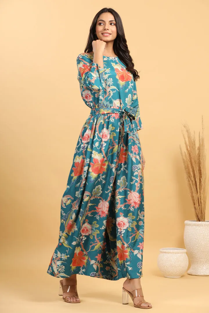 Multicolored Jaal on Russian Silk Teal Jumpsuit