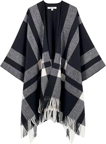 Navy Blue Winter Chic Plaid Poncho Cardigan