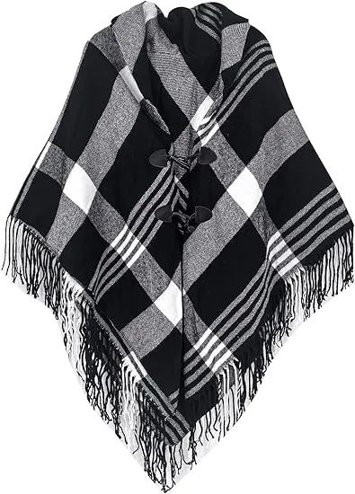 Navy Blue Winter Chic Plaid Poncho Cardigan