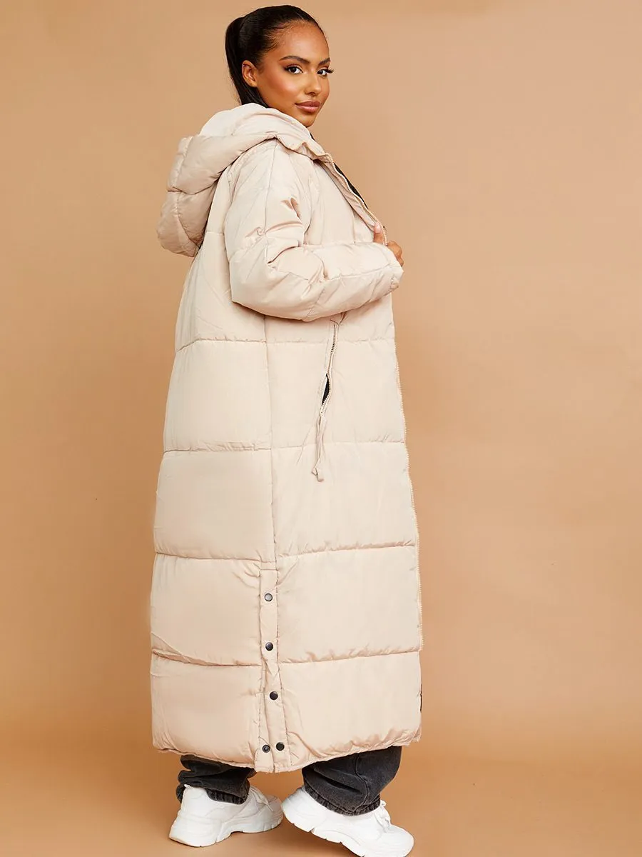 Nicky Longline Quilted Hooded Coat with Button Detail In Stone