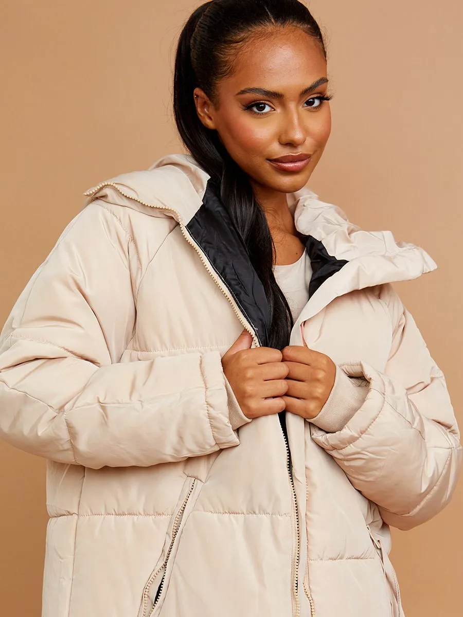 Nicky Longline Quilted Hooded Coat with Button Detail In Stone