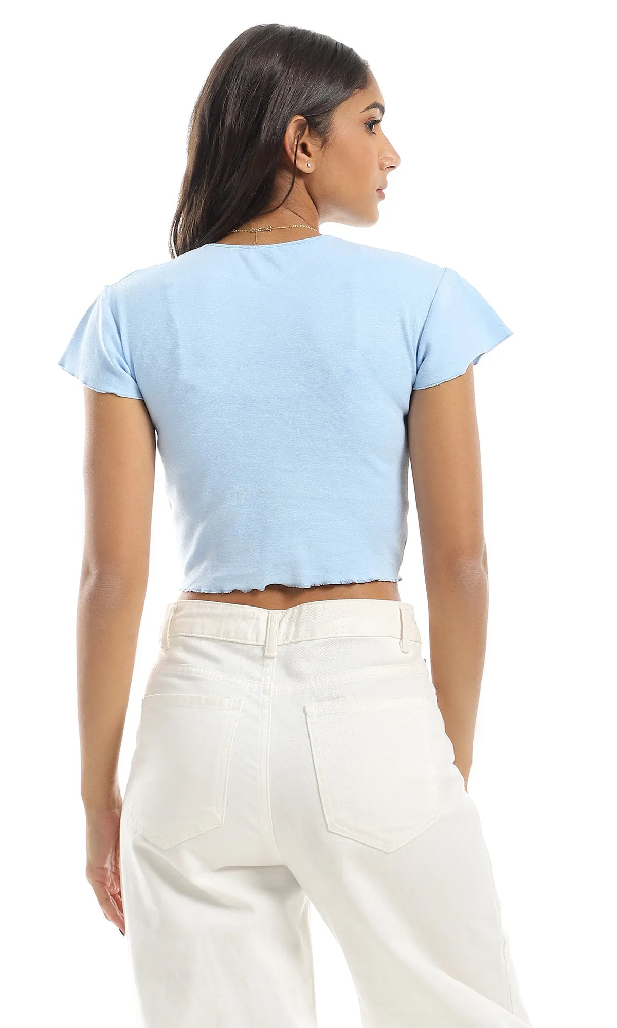 O154981 Baby Blue Ruffle Hem Short Sleeves Crop Top