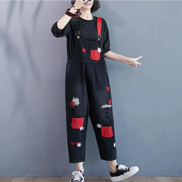 Overalls Woman Fashion Pocket Patchwork Red Rompers