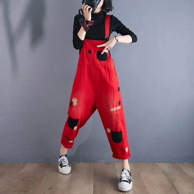 Overalls Woman Fashion Pocket Patchwork Red Rompers