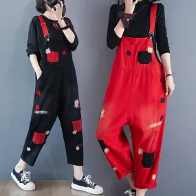 Overalls Woman Fashion Pocket Patchwork Red Rompers