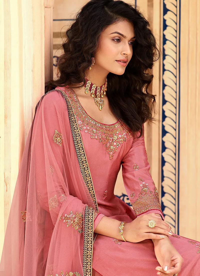 Peach Overall Multi Embroidered Lehenga Suit