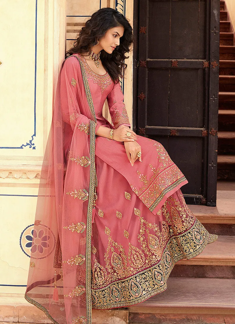 Peach Overall Multi Embroidered Lehenga Suit