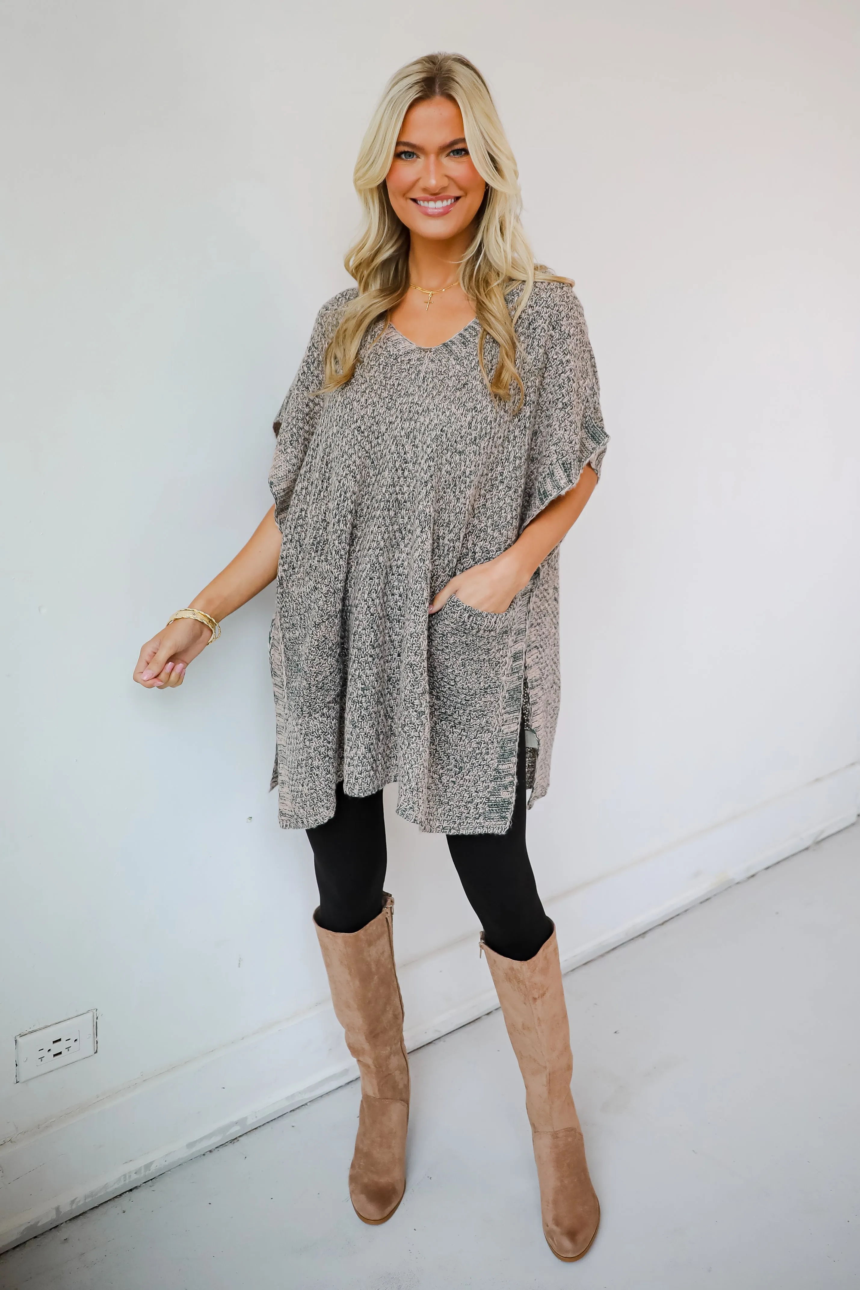 Perfectly Toasty Taupe Knit Poncho - DOORBUSTER