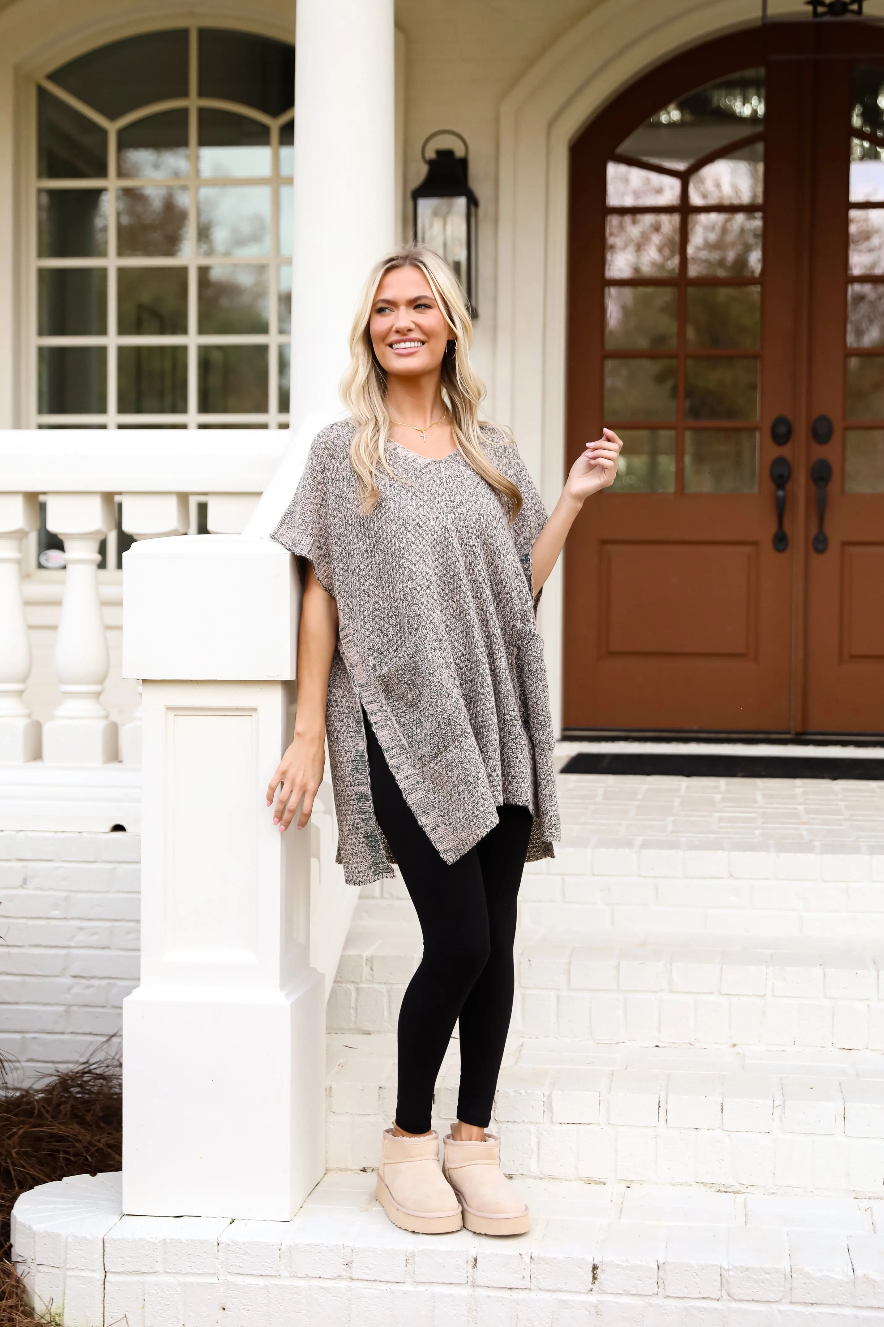 Perfectly Toasty Taupe Knit Poncho - DOORBUSTER