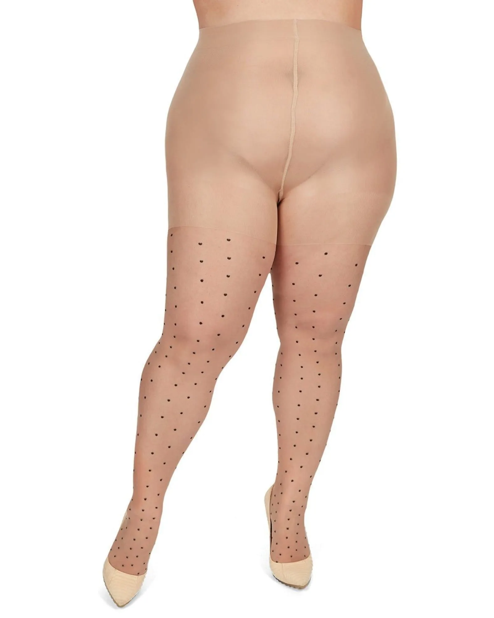 Pindot Sheer Plus Size Curvy Control Top Tights | Nude-Black