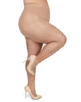 Pindot Sheer Plus Size Curvy Control Top Tights | Nude-Black