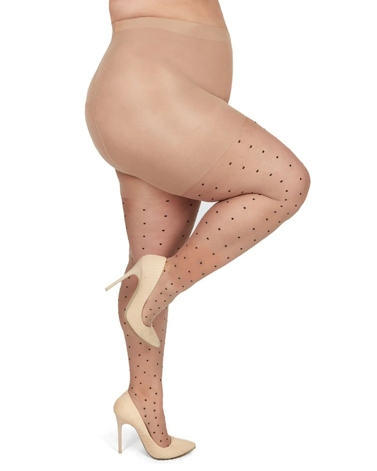 Pindot Sheer Plus Size Curvy Control Top Tights | Nude-Black