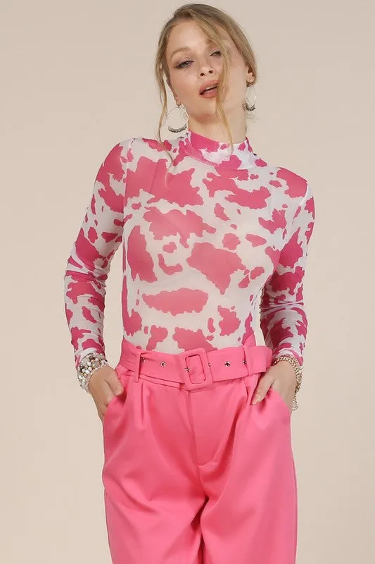 Pink Cow Print Mock Neck Mesh Bodysuit