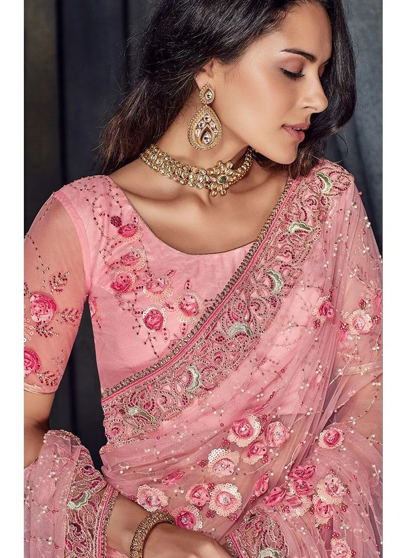 Pink Overall Floral Embroidered Designer Saree