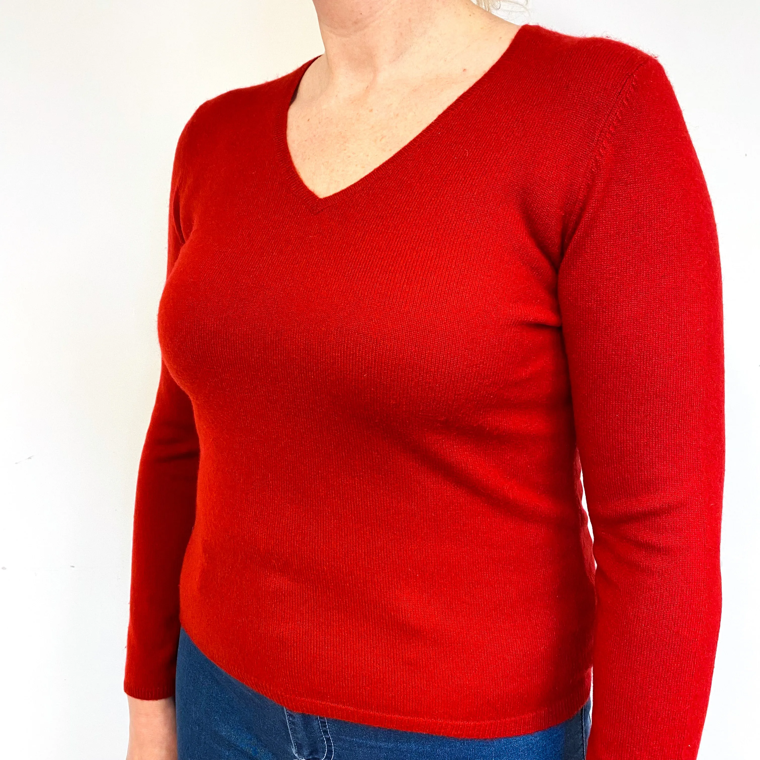 Post Box Red Cashmere V-Neck Jumper Large/Petite