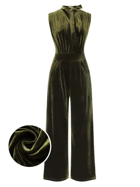 [Pre-Sale] Green 1940s Tie Neck Velvet Jumpsuit