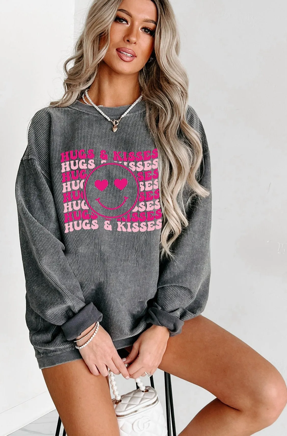 "Hugs & Kisses" Corded Graphic Crewneck (Charcoal) - Print On Demand