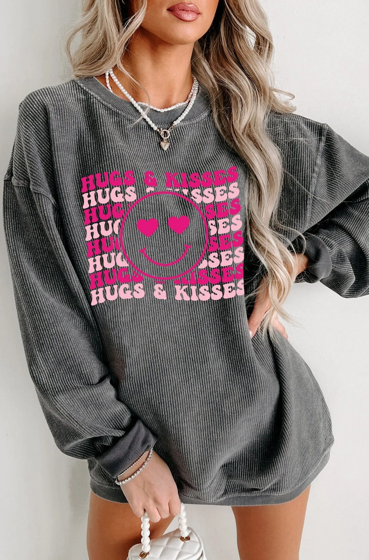 "Hugs & Kisses" Corded Graphic Crewneck (Charcoal) - Print On Demand