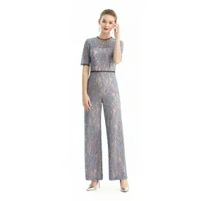 R163 Women all-over lace short sleeves party jumpsuit