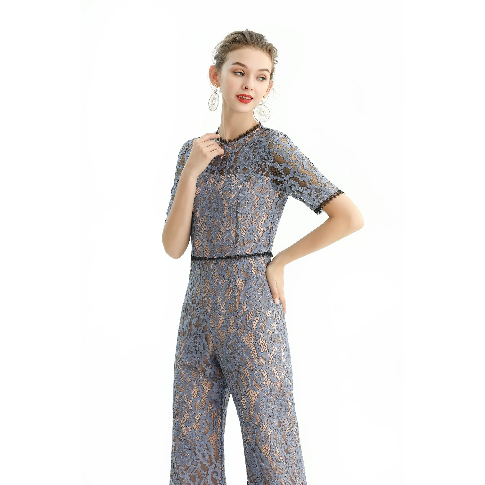 R163 Women all-over lace short sleeves party jumpsuit