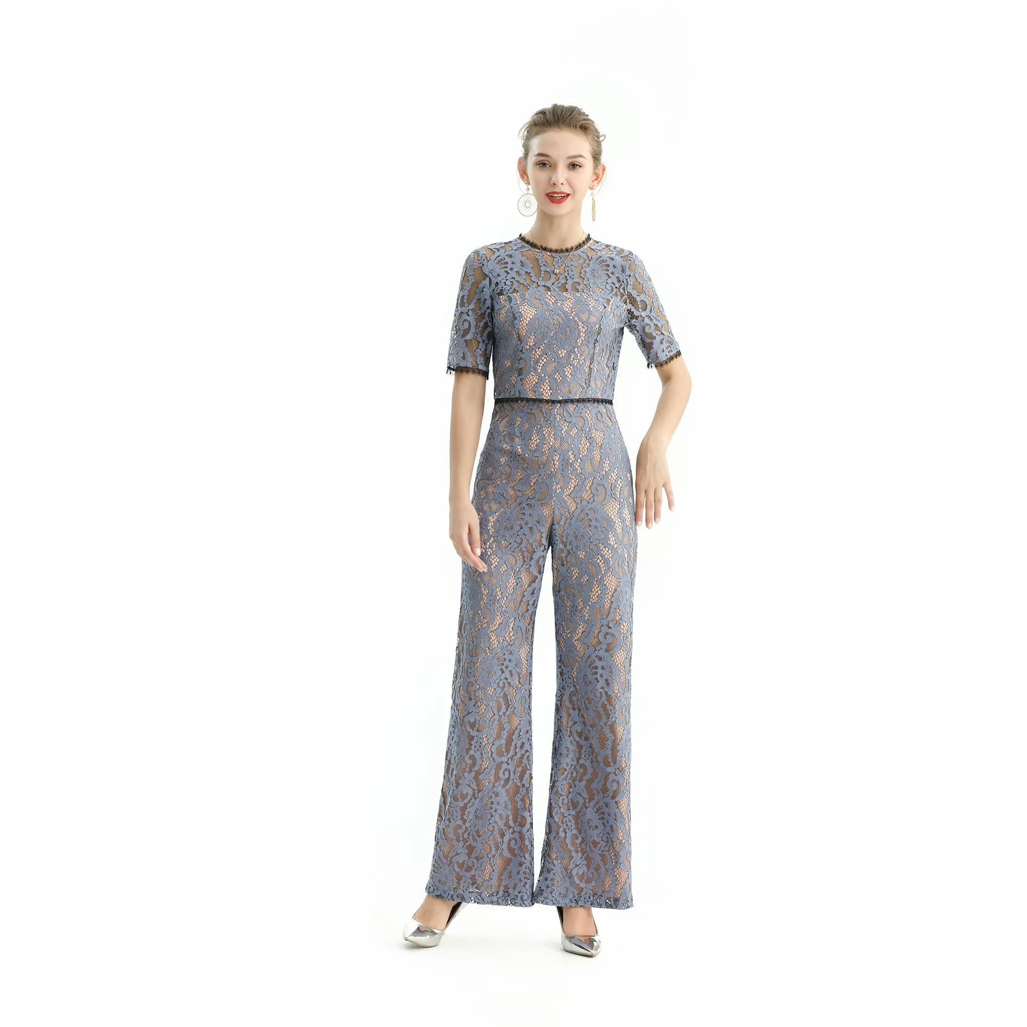 R163 Women all-over lace short sleeves party jumpsuit