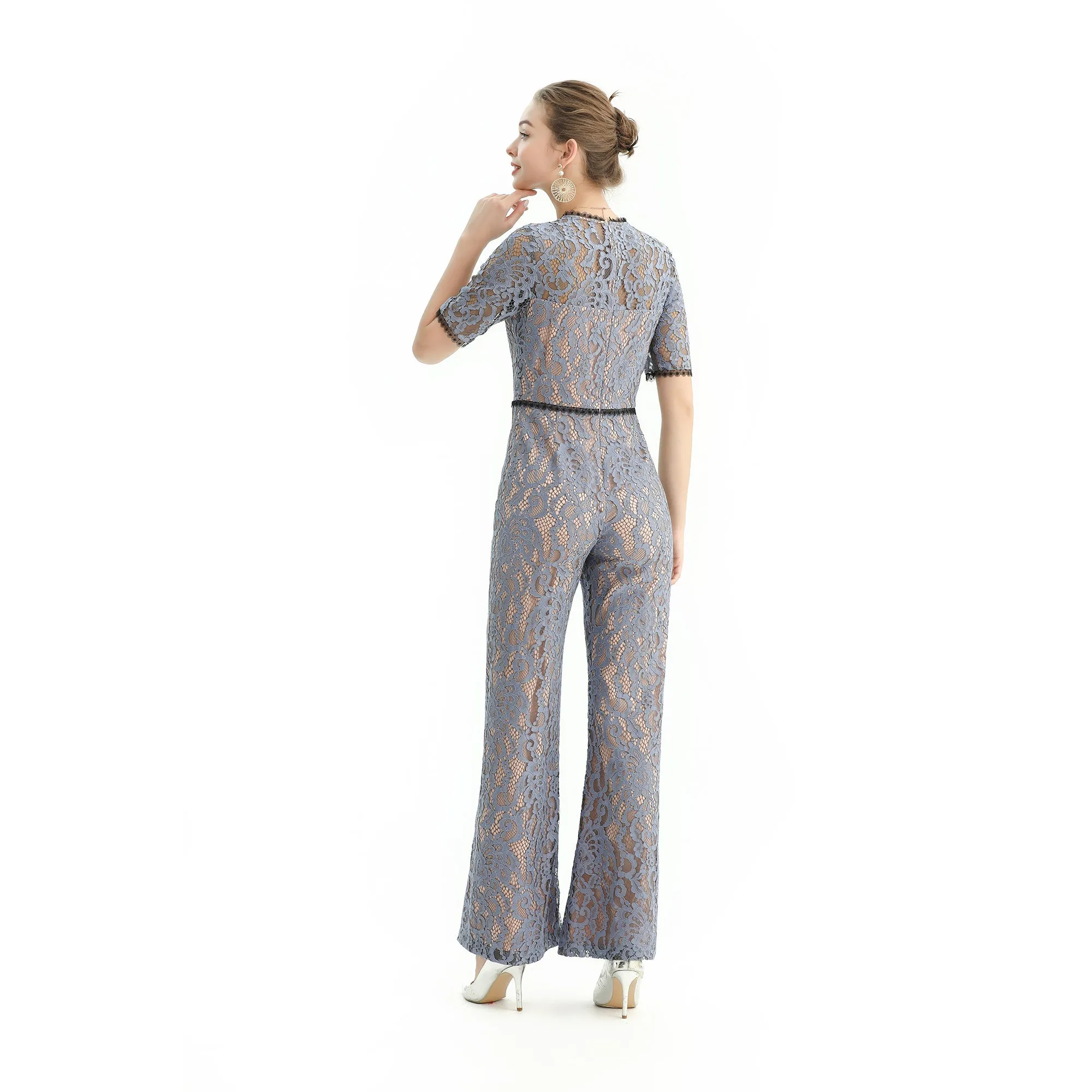 R163 Women all-over lace short sleeves party jumpsuit