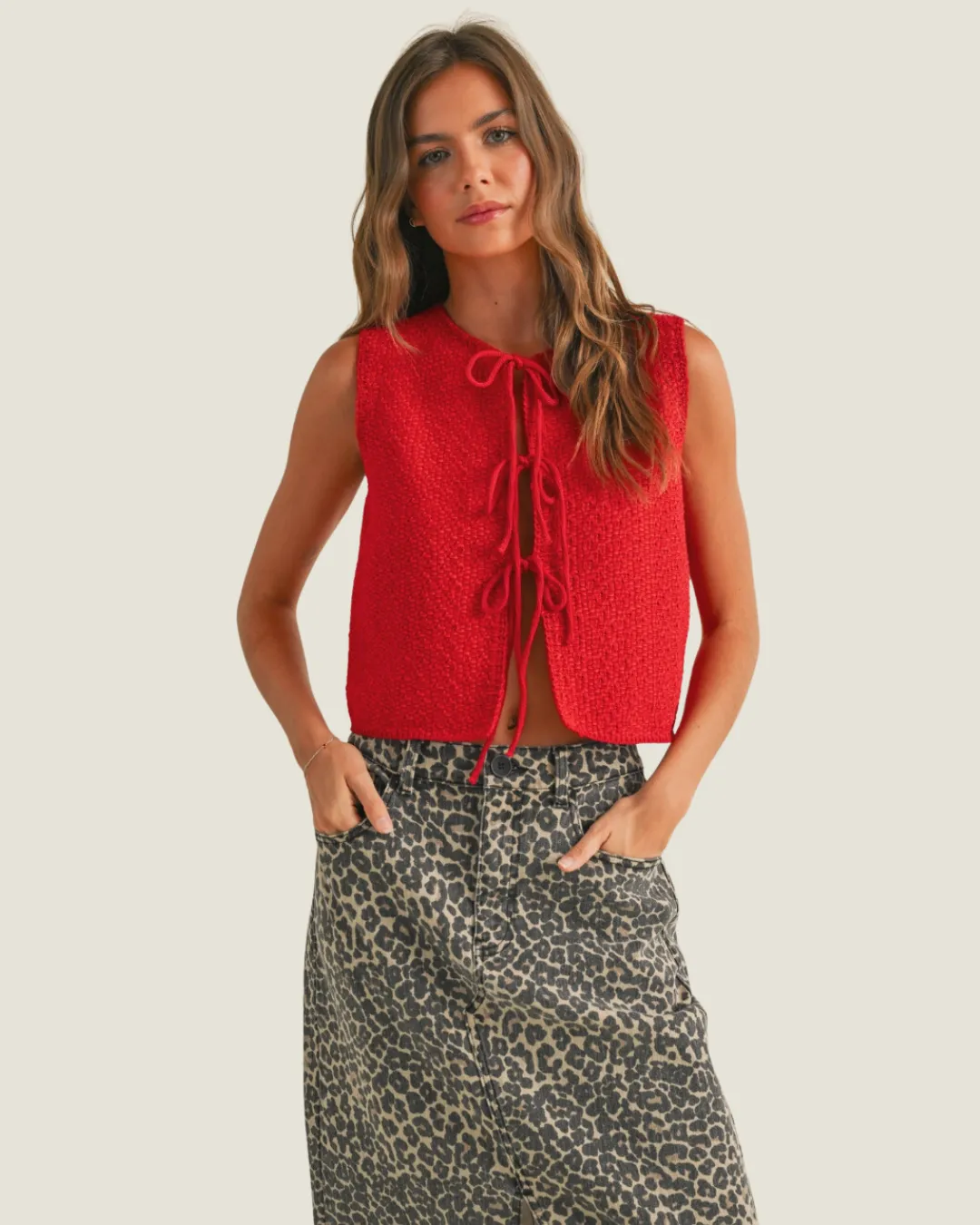 Red Knitted Tied Sleeveless Top