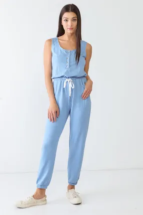 Round Neck Sleeveless Button-Up Pocket Jumpsuit