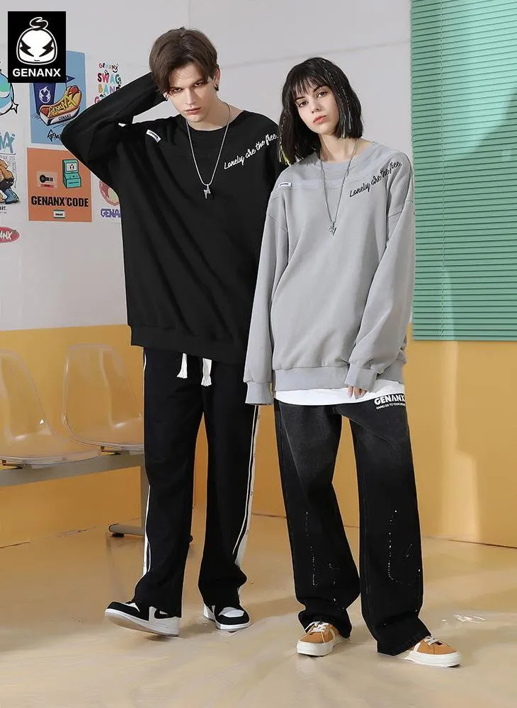 Simple Letter Embroidered Fake Two-piece Pure Cotton Round Neck Sweatshirt