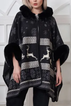 Snowflake Dear Print Faux Fur Poncho