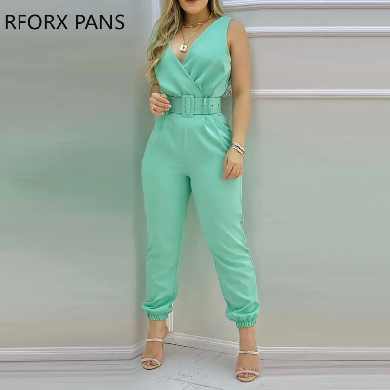 Soild Plain Sleeveless Pocket Design Backless Jumpsuit with Belt Casual Look for Women 2021