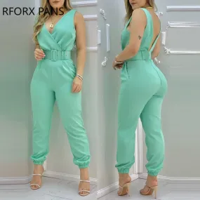 Soild Plain Sleeveless Pocket Design Backless Jumpsuit with Belt Casual Look for Women 2021