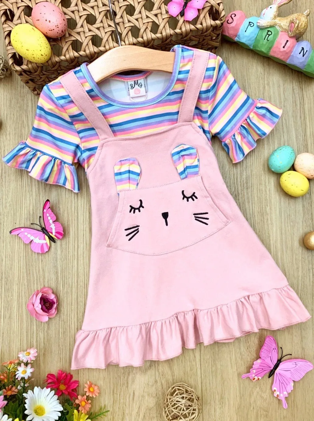 Striped Bunny Pocket Overall Dress