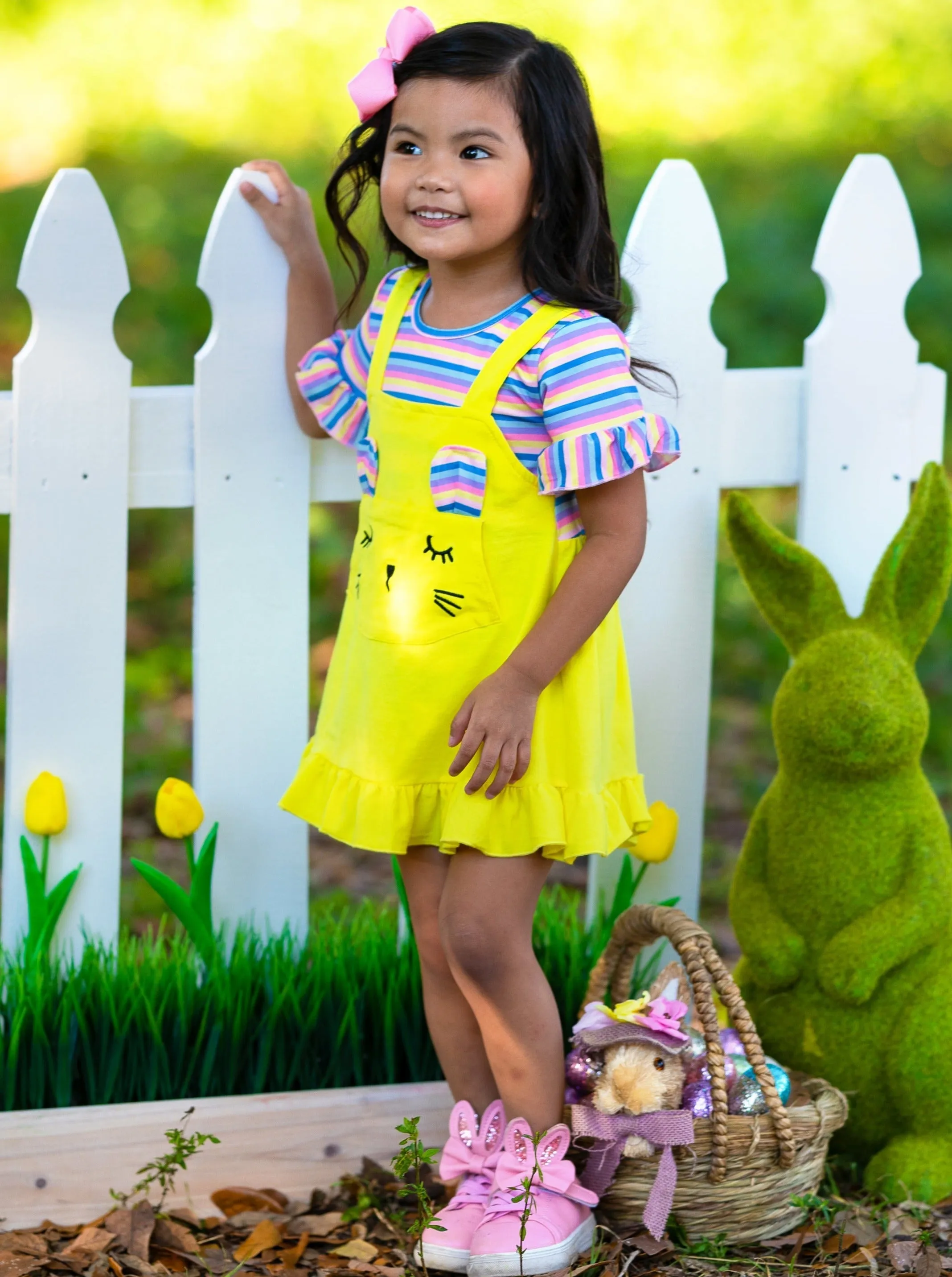 Striped Bunny Pocket Overall Dress