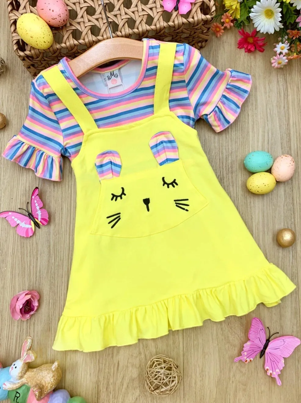 Striped Bunny Pocket Overall Dress