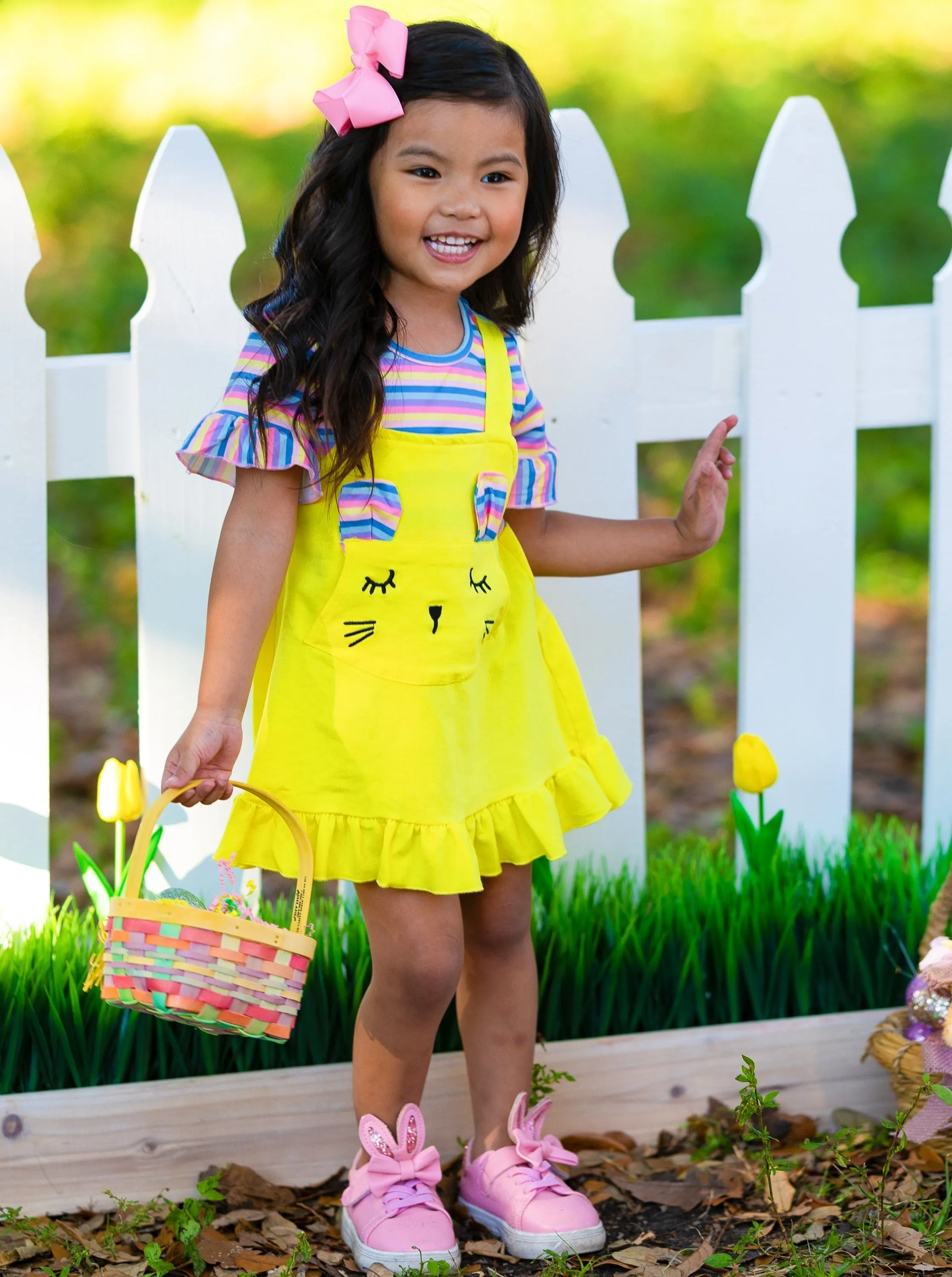 Striped Bunny Pocket Overall Dress