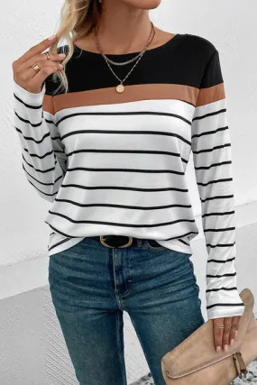 Striped Round Neck Long Sleeve T-Shirt Opaque