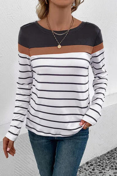 Striped Round Neck Long Sleeve T-Shirt Opaque