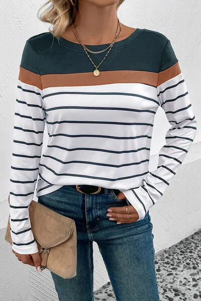 Striped Round Neck Long Sleeve T-Shirt Opaque