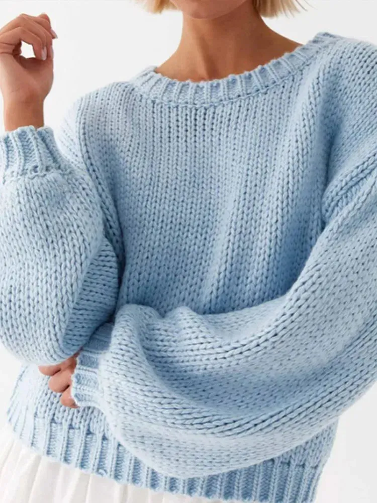 TAVIMART  -  Fashion Blue Long Lantern Sleeve Knitted Jumper Women Elegant Solid O Neck Loose Sweater New Chic Lady Commuting Pullover