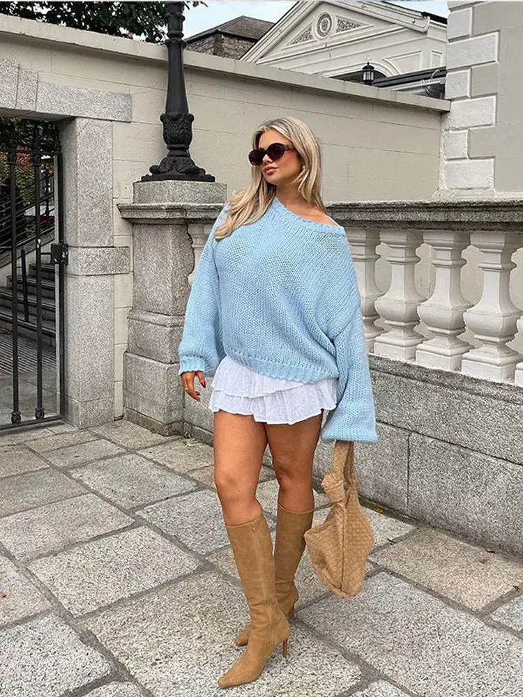 TAVIMART  -  Fashion Blue Long Lantern Sleeve Knitted Jumper Women Elegant Solid O Neck Loose Sweater New Chic Lady Commuting Pullover