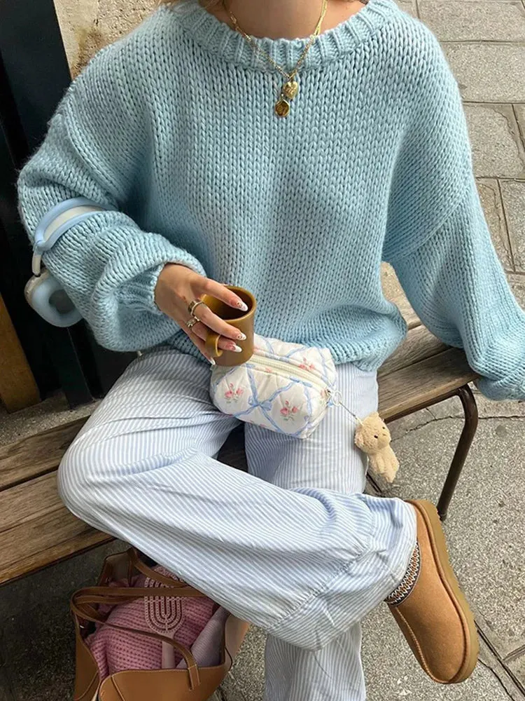 TAVIMART  -  Fashion Blue Long Lantern Sleeve Knitted Jumper Women Elegant Solid O Neck Loose Sweater New Chic Lady Commuting Pullover