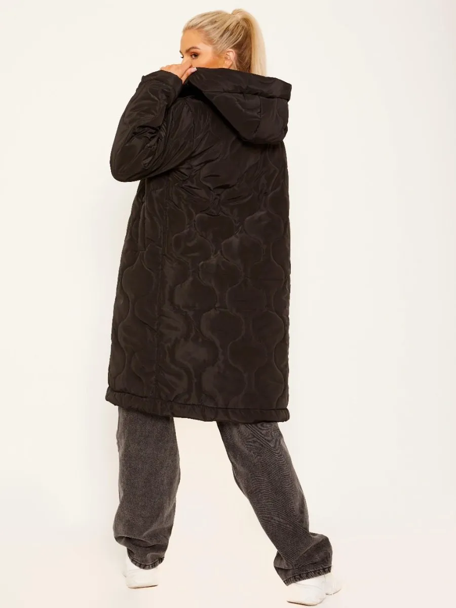 Vienna Onion Quilted Long Sleeves Longline Hooded Coat In Black