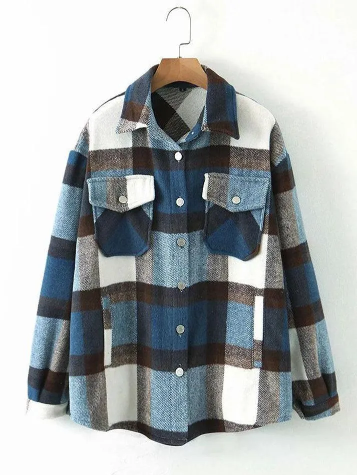 Wenkouban-Spring Casual Outfits Y2K Outfits Vintage Pockets Oversized Plaid Shacket